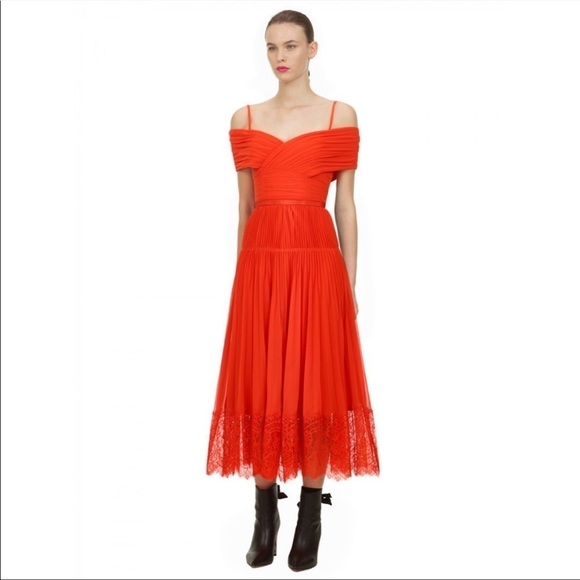 NWT Self-Portrait Off-Shoulder Pleated Lace Midi Dress - Picture 1 of 8